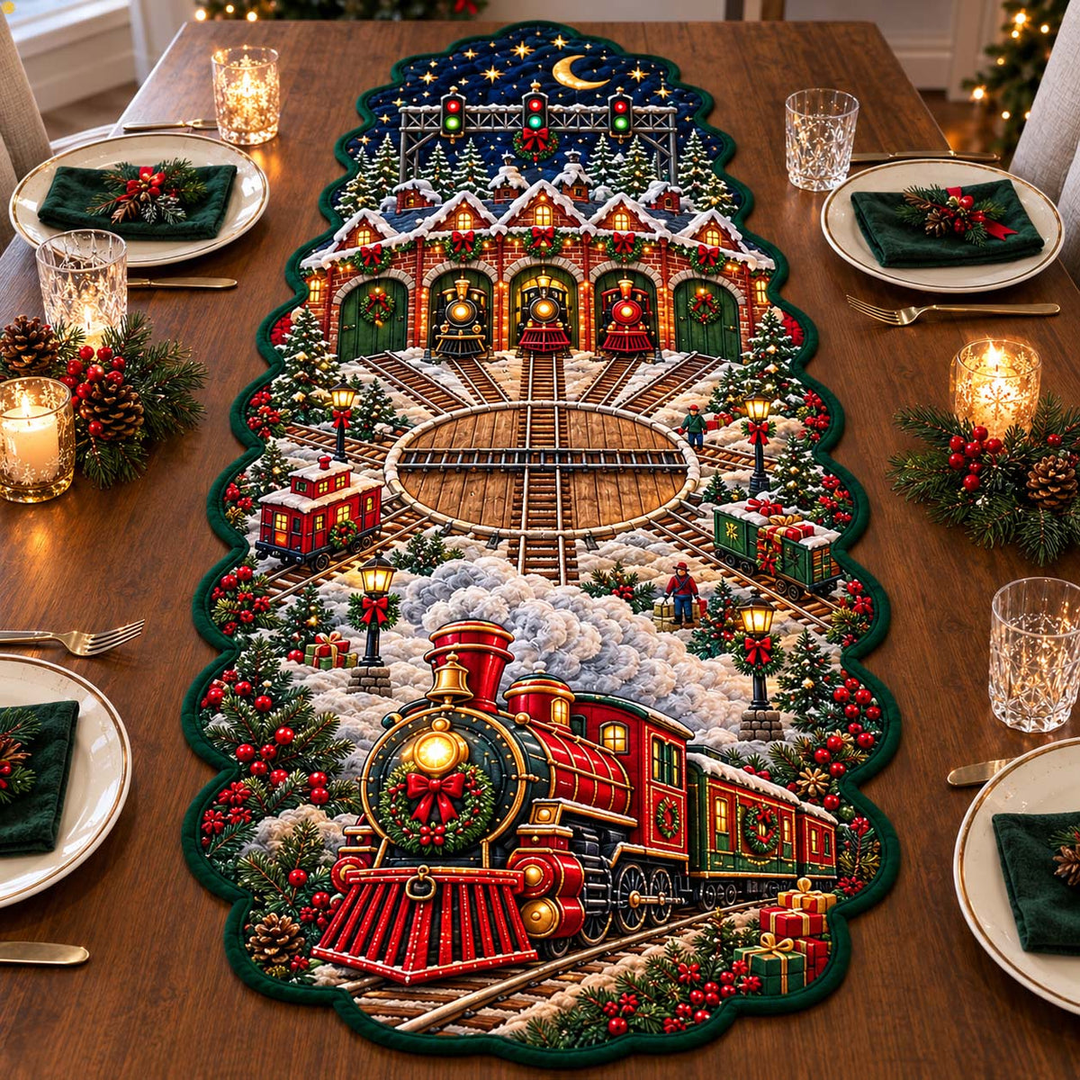 North Pole Railway Custom Shape Quilted Table Runner GFTONTD2709