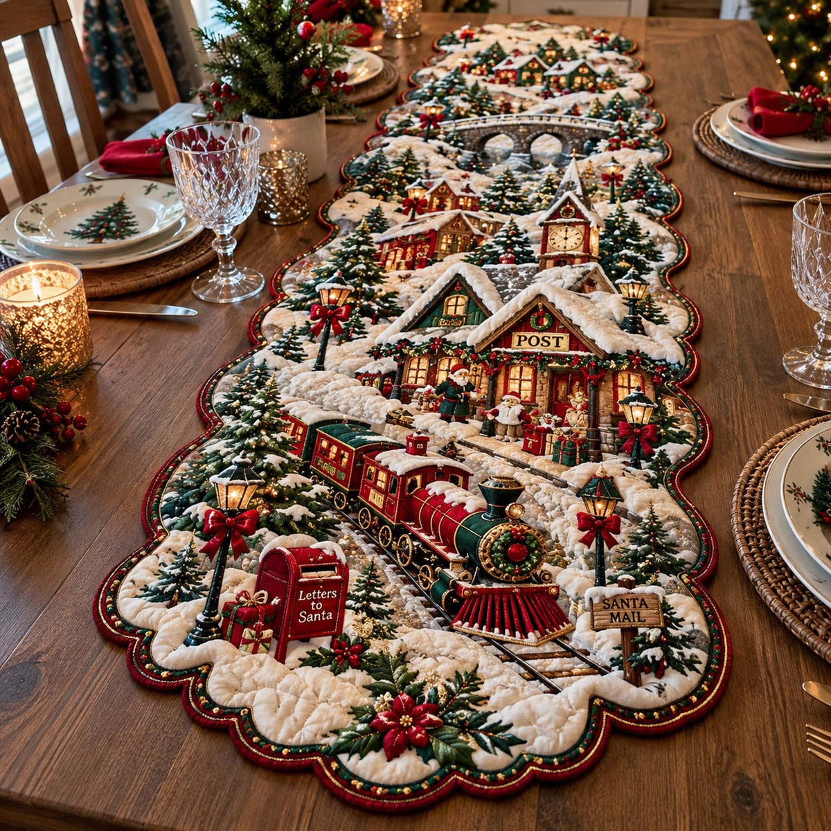 North Pole Railway Custom Shape Quilted Table Runner GFTONTD2712