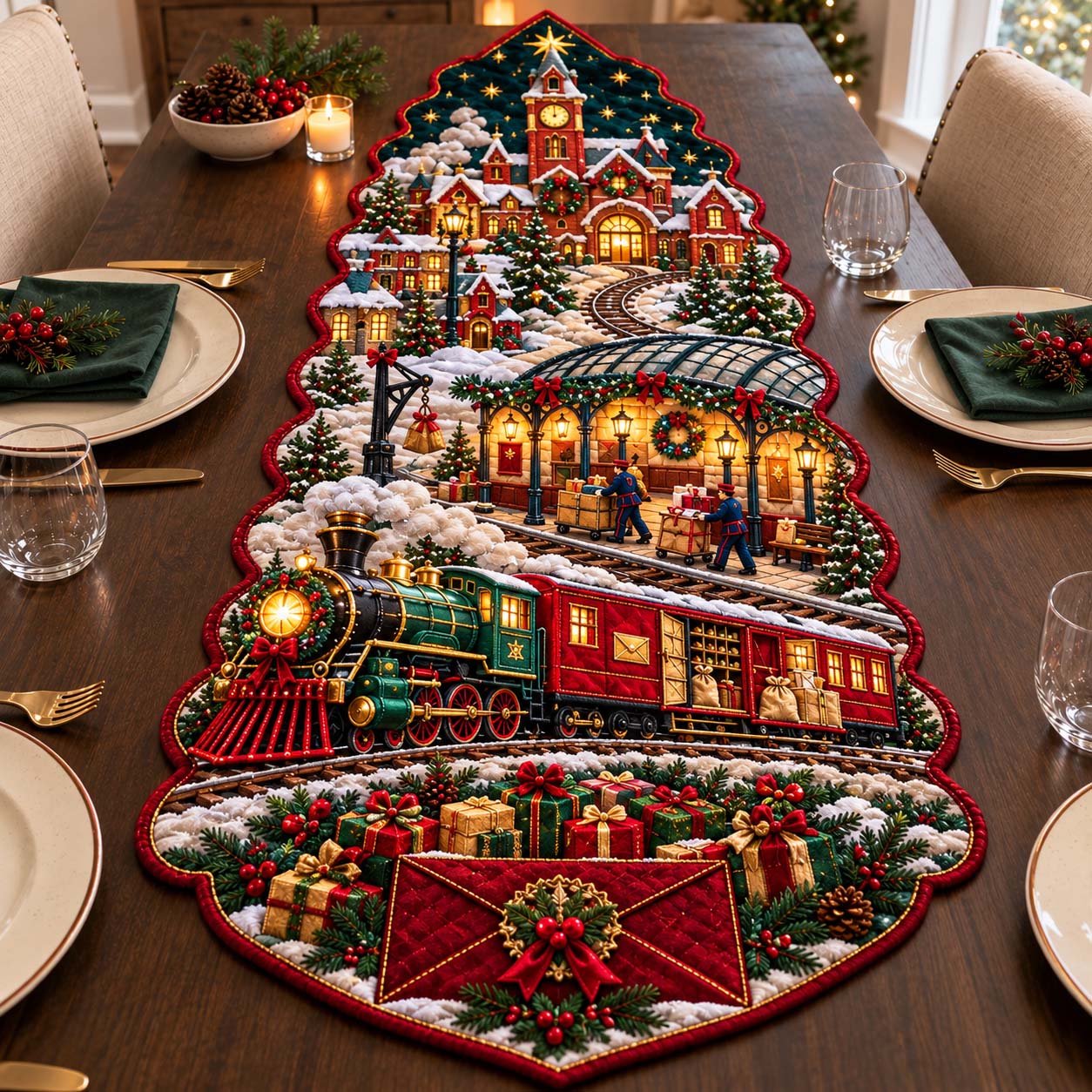 North Pole Railway Custom Shape Quilted Table Runner GFTONTD2713