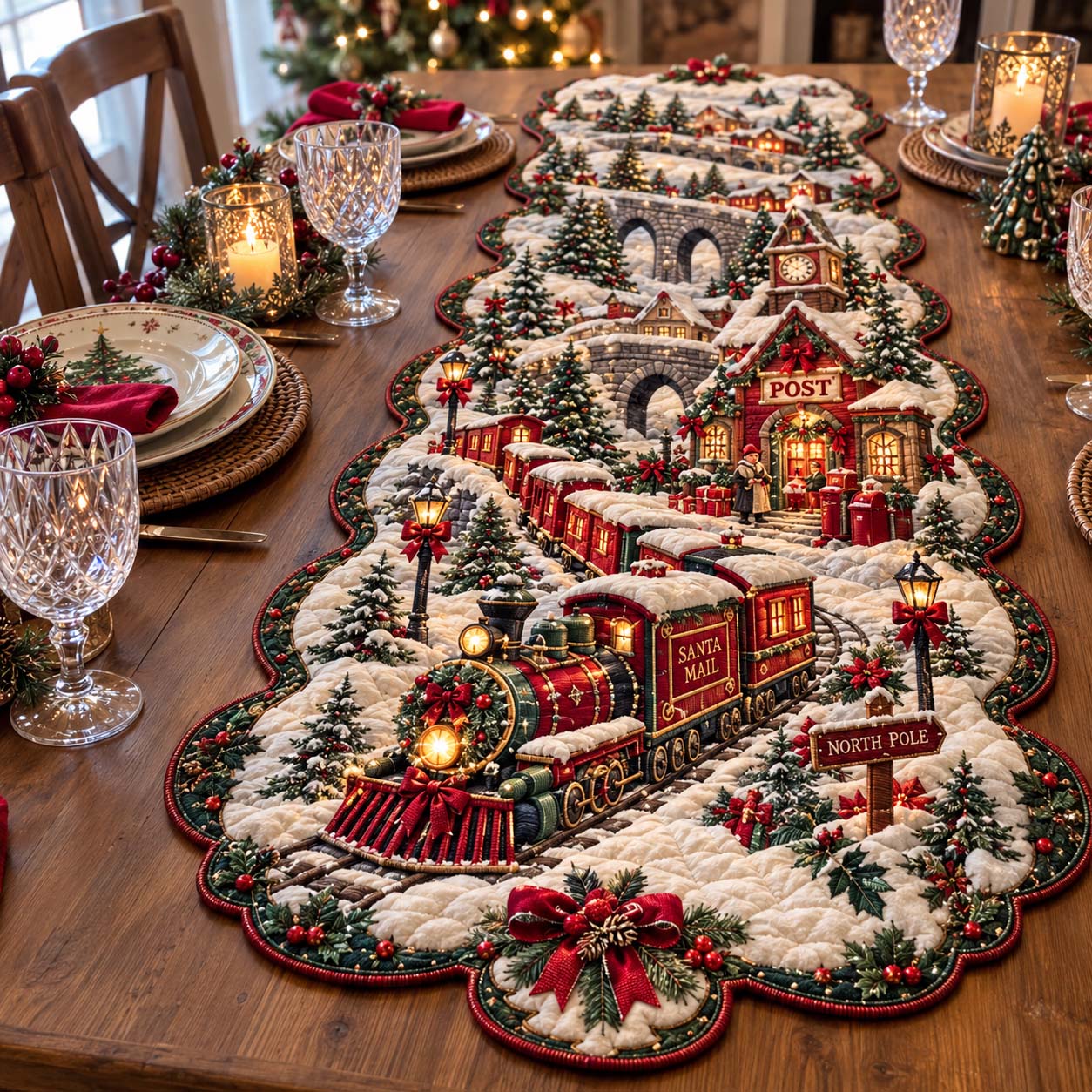 North Pole Railway Custom Shape Quilted Table Runner GFTONTD2715