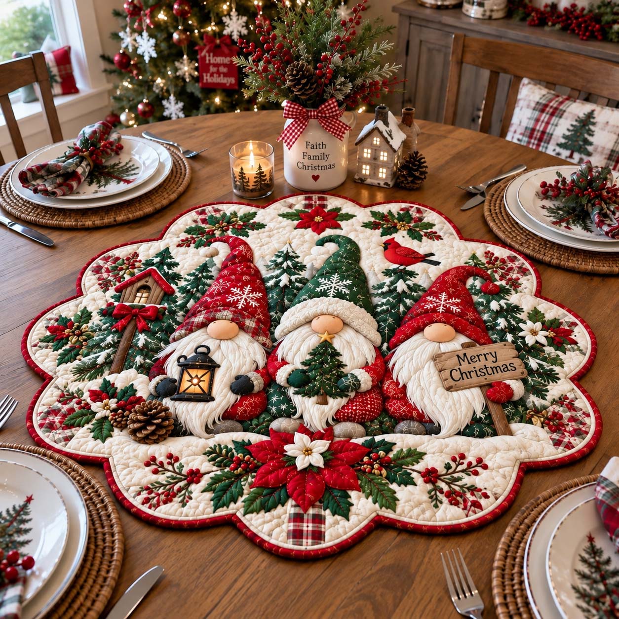 Gnome Holiday Gatherings Custom Shape Quilted Table Topper GFTONTD2718