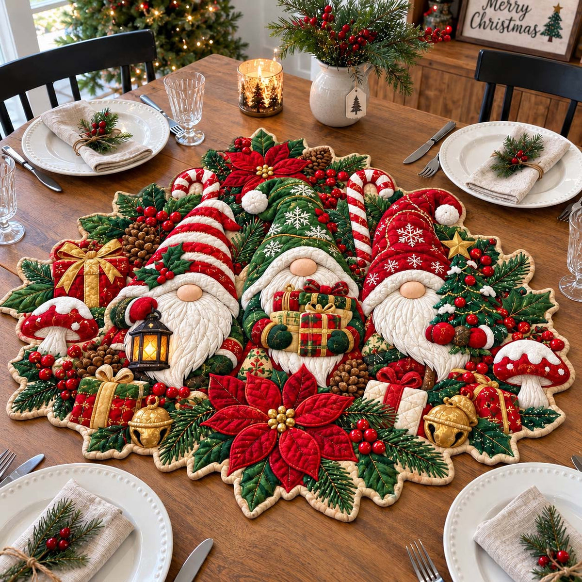 Gnome Holiday Gatherings Custom Shape Quilted Table Topper GFTONTD2719