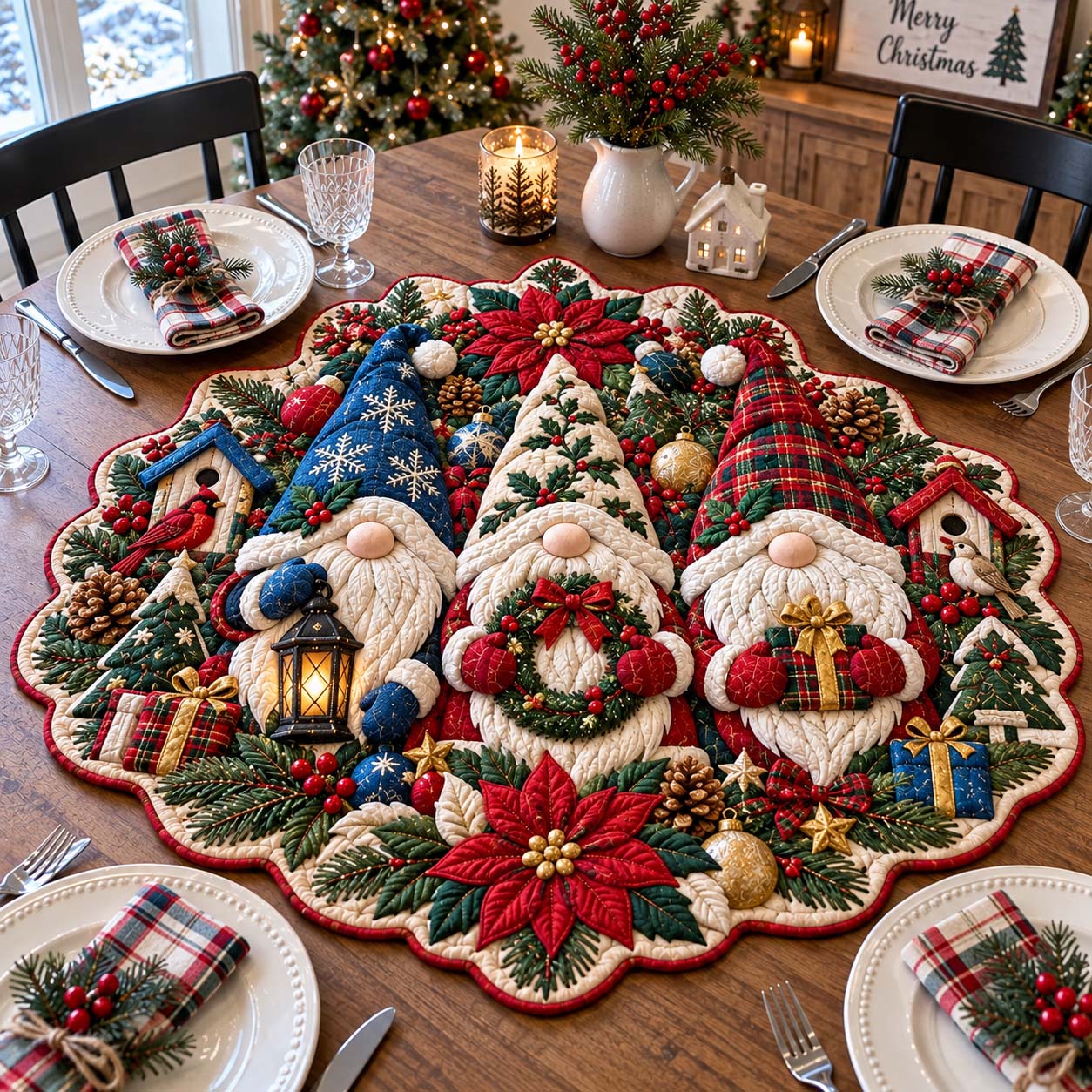 Gnome Holiday Gatherings Custom Shape Quilted Table Topper GFTONTD2720