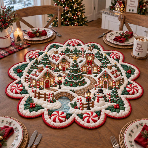North Pole Christmas Village Custom Shape Quilted Table Topper GFTONTD2800