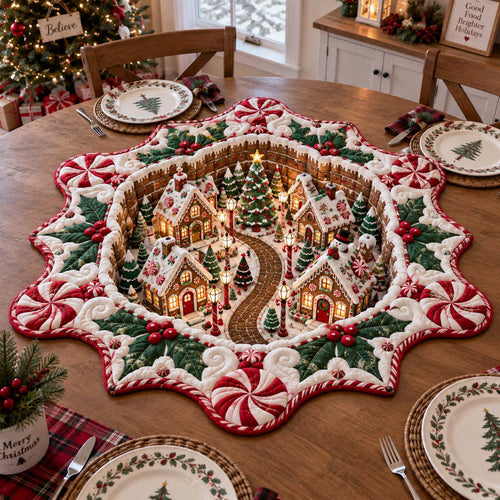 North Pole Christmas Village Custom Shape Quilted Table Topper GFTONTD2803
