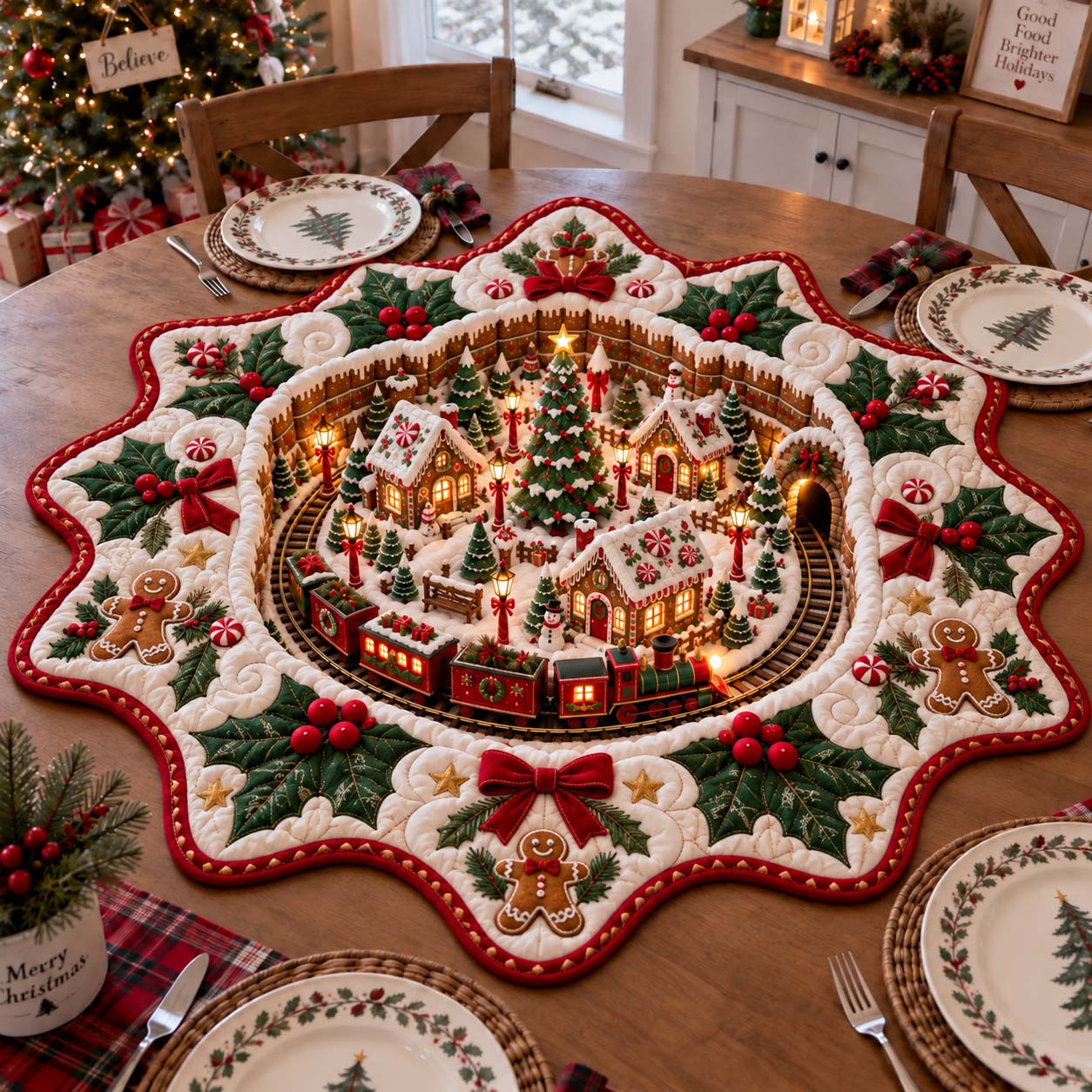 North Pole Christmas Village Custom Shape Quilted Table Topper GFTONTD2804