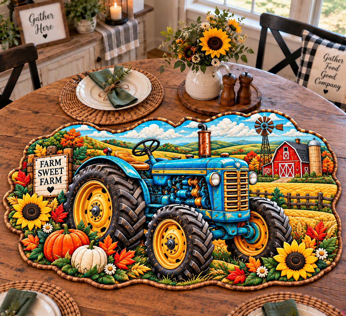 Harvest Tractor Charm Custom Shape Quilted Table Topper GFTONTD2925