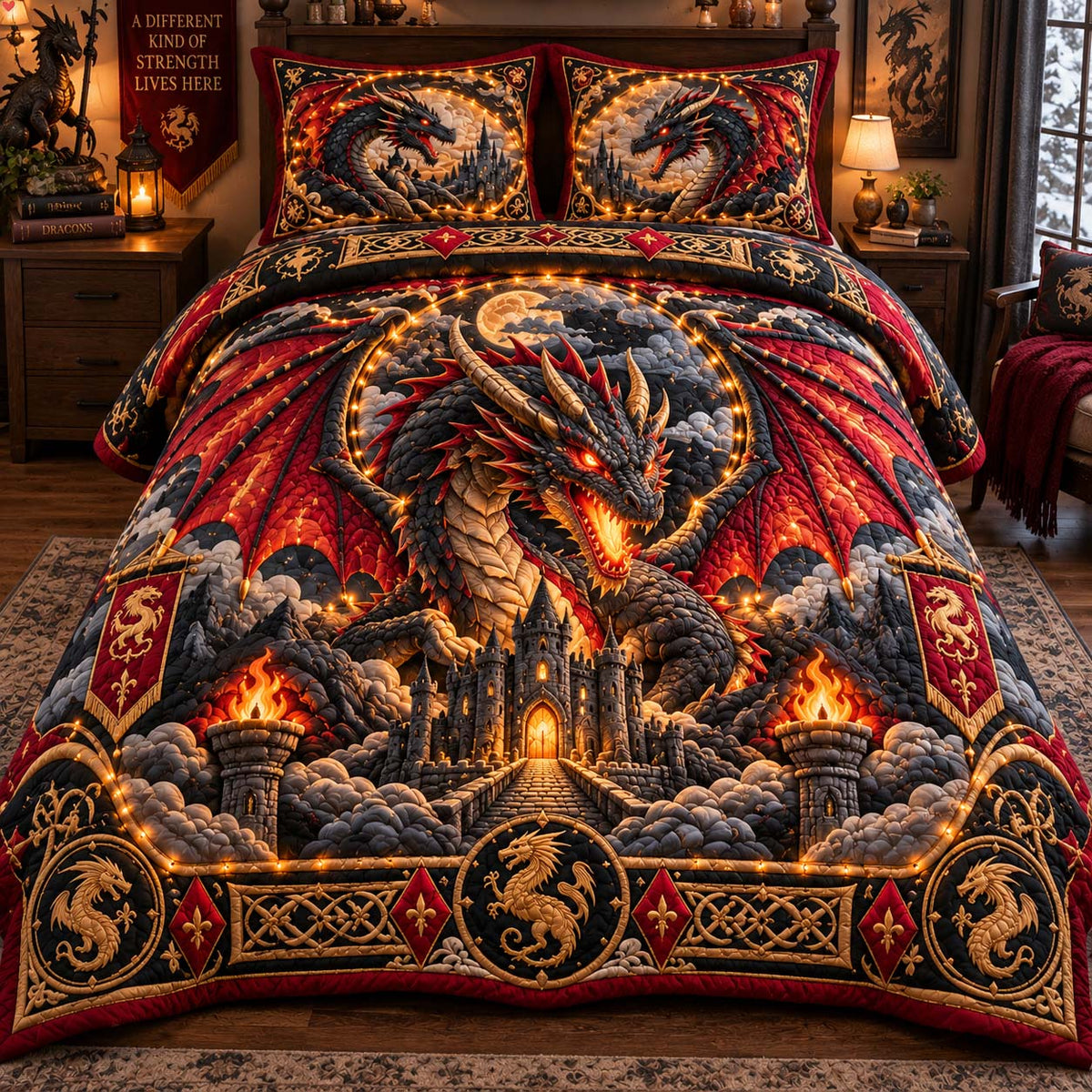 Dragon Castle Inferno 3-Piece Quilted Bedding Set GFTONTD3019