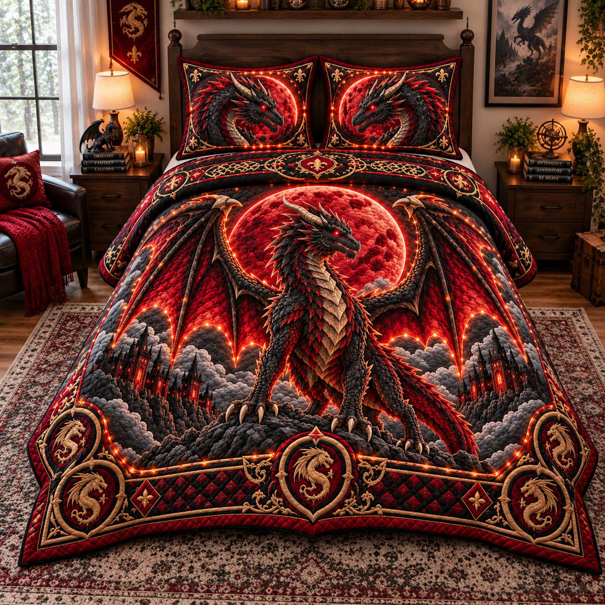 Blood Moon Dragon 3-Piece Quilted Bedding Set GFTONTD3021