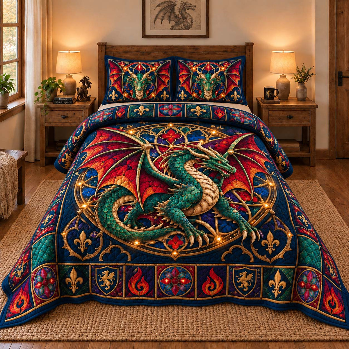 Emerald Royal Dragon 3-Piece Quilted Bedding Set GFTONTD3022