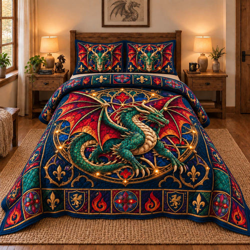 Emerald Royal Dragon 3-Piece Quilted Bedding Set GFTONTD3022