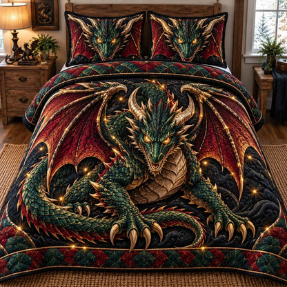 Emerald Dragon King 3-Piece Quilted Bedding Set GFTONTD3024