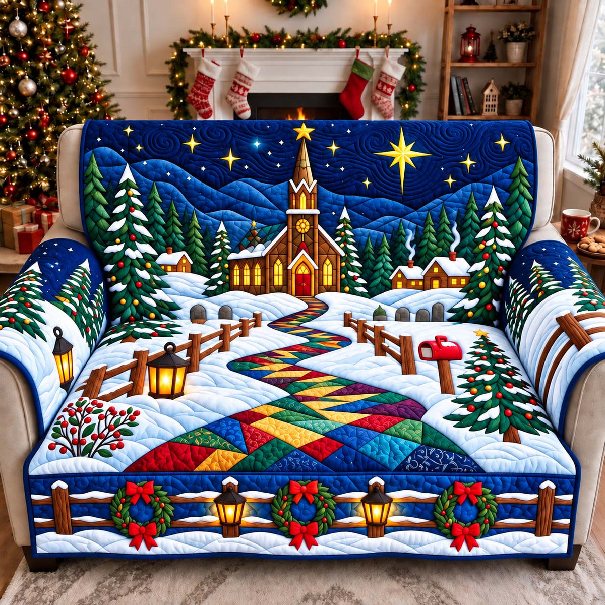 Christmas Church Path Quilted Sofa Cover GFTONTD3047