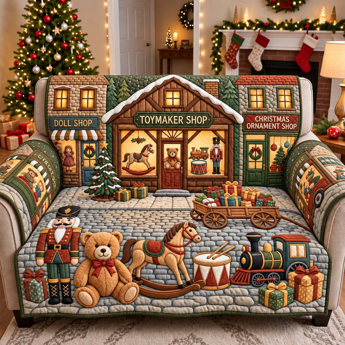 Toymaker Christmas Shop Quilted Sofa Cover GFTONTD3050