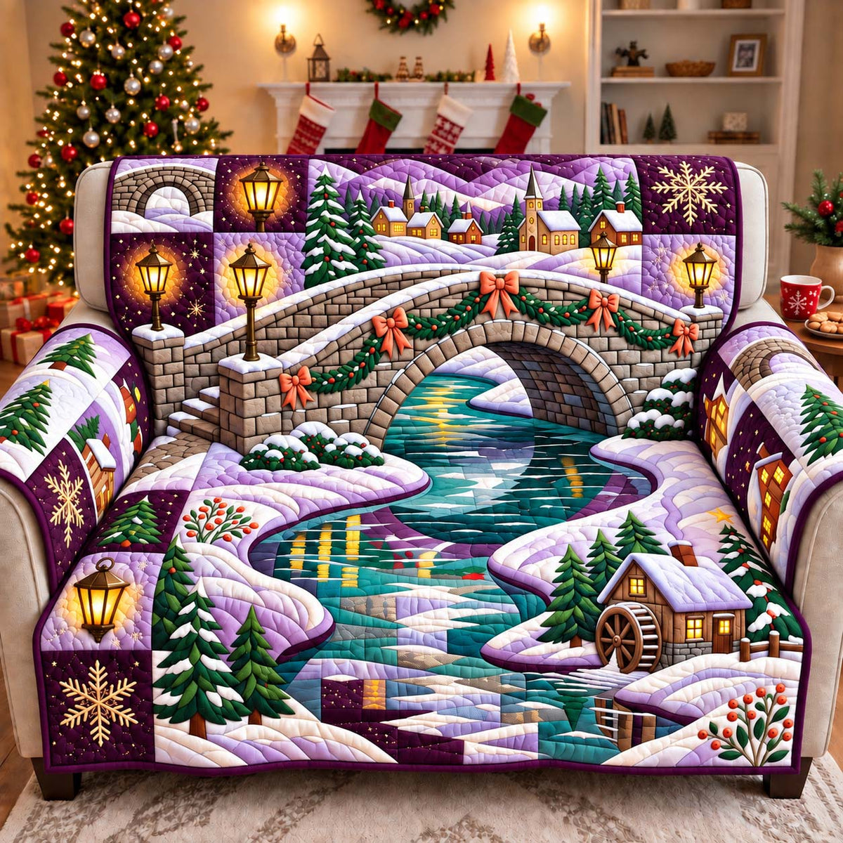 Winter Bridge Village Quilted Sofa Cover GFTONTD3051