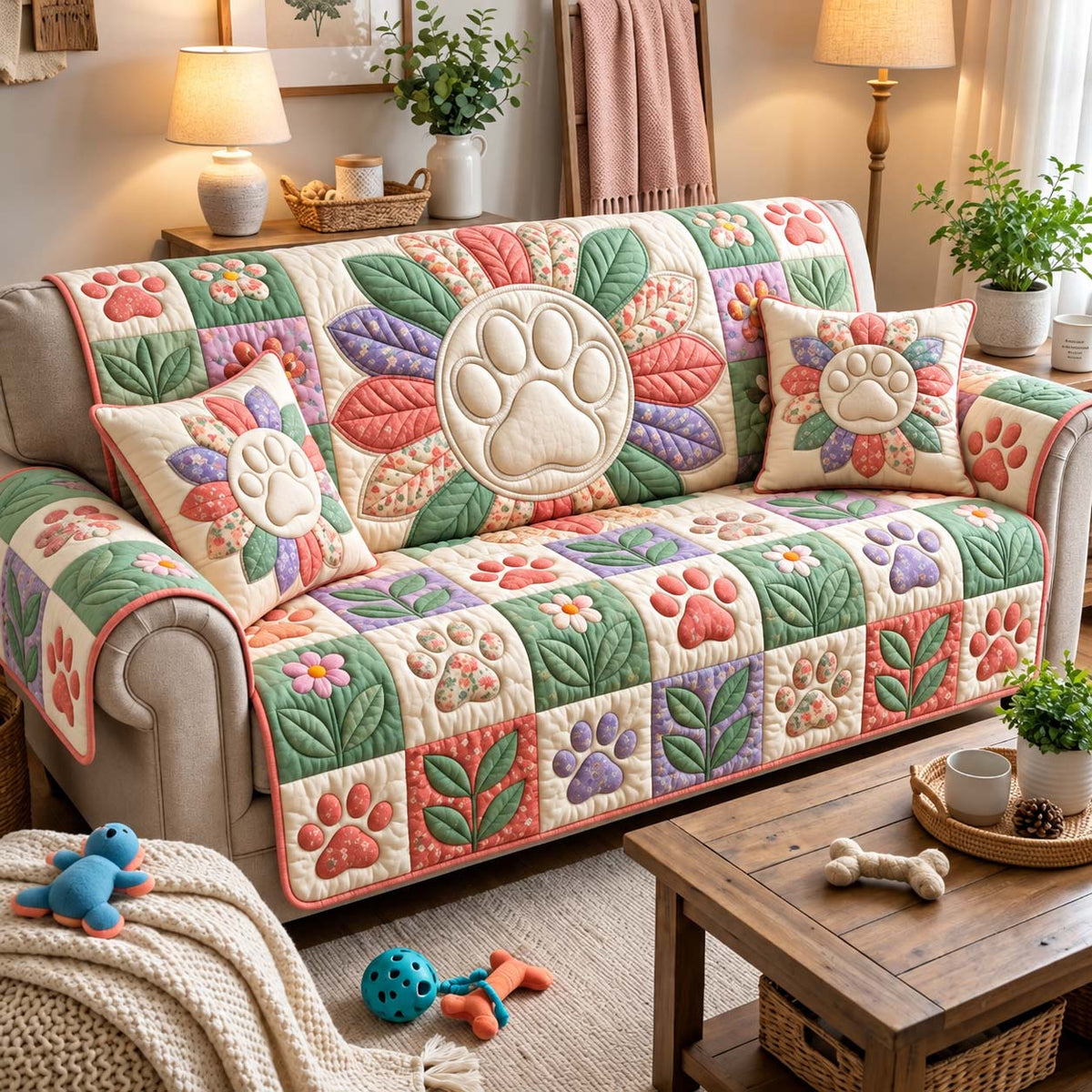 Pastel Paw Garden Quilted Sofa Cover GFTONTD3052