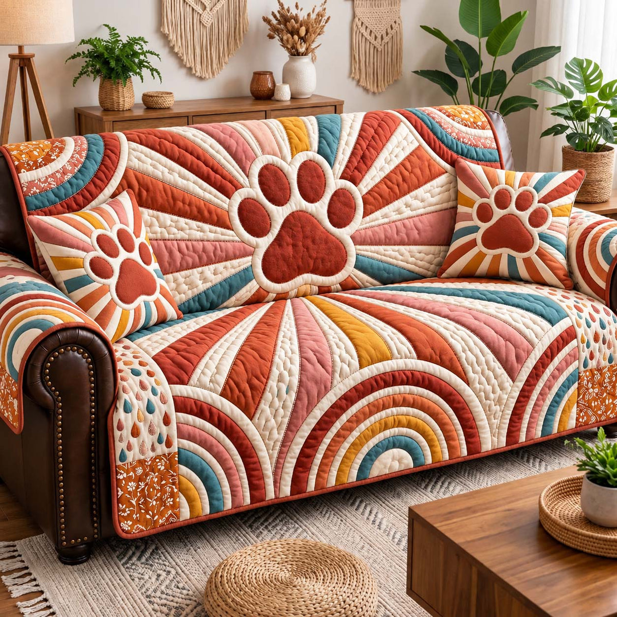 Retro Paw Rainbow Quilted Sofa Cover GFTONTD3055
