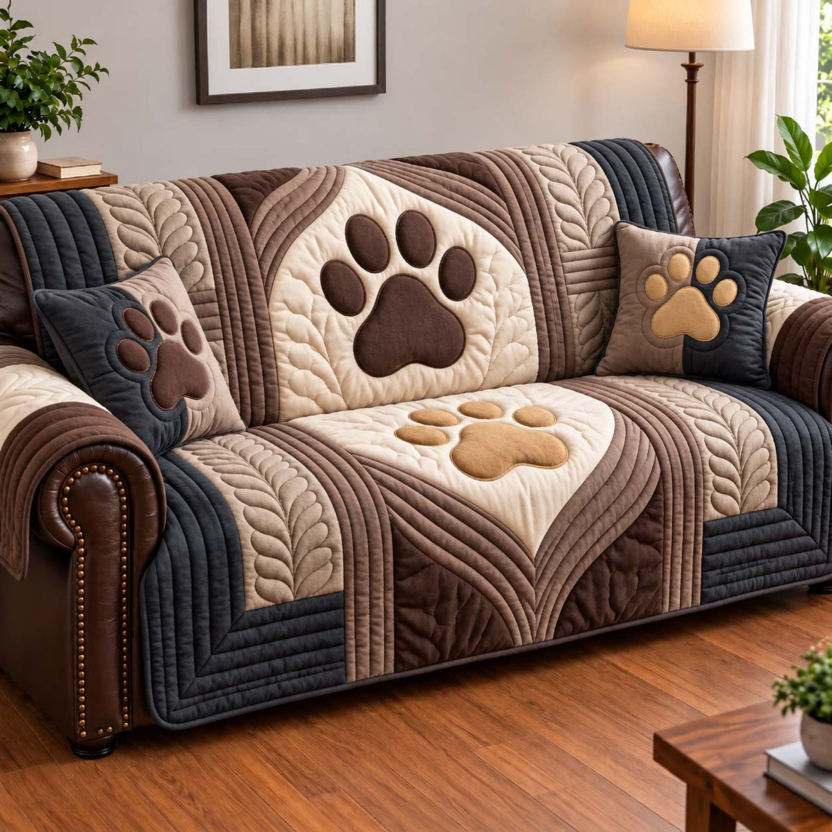 Cozy Neutral Paws Quilted Sofa Cover GFTONTD3056