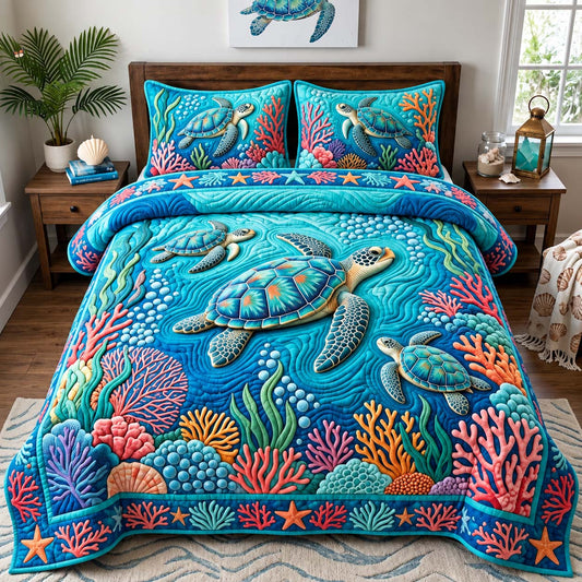 Coral Reef Turtles 3-Piece Quilted Bedding Set GFTONTD3061
