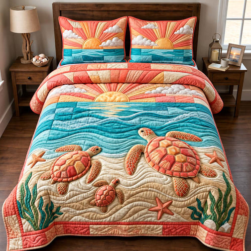Sunset Turtle Family 3-Piece Quilted Bedding Set GFTONTD3063