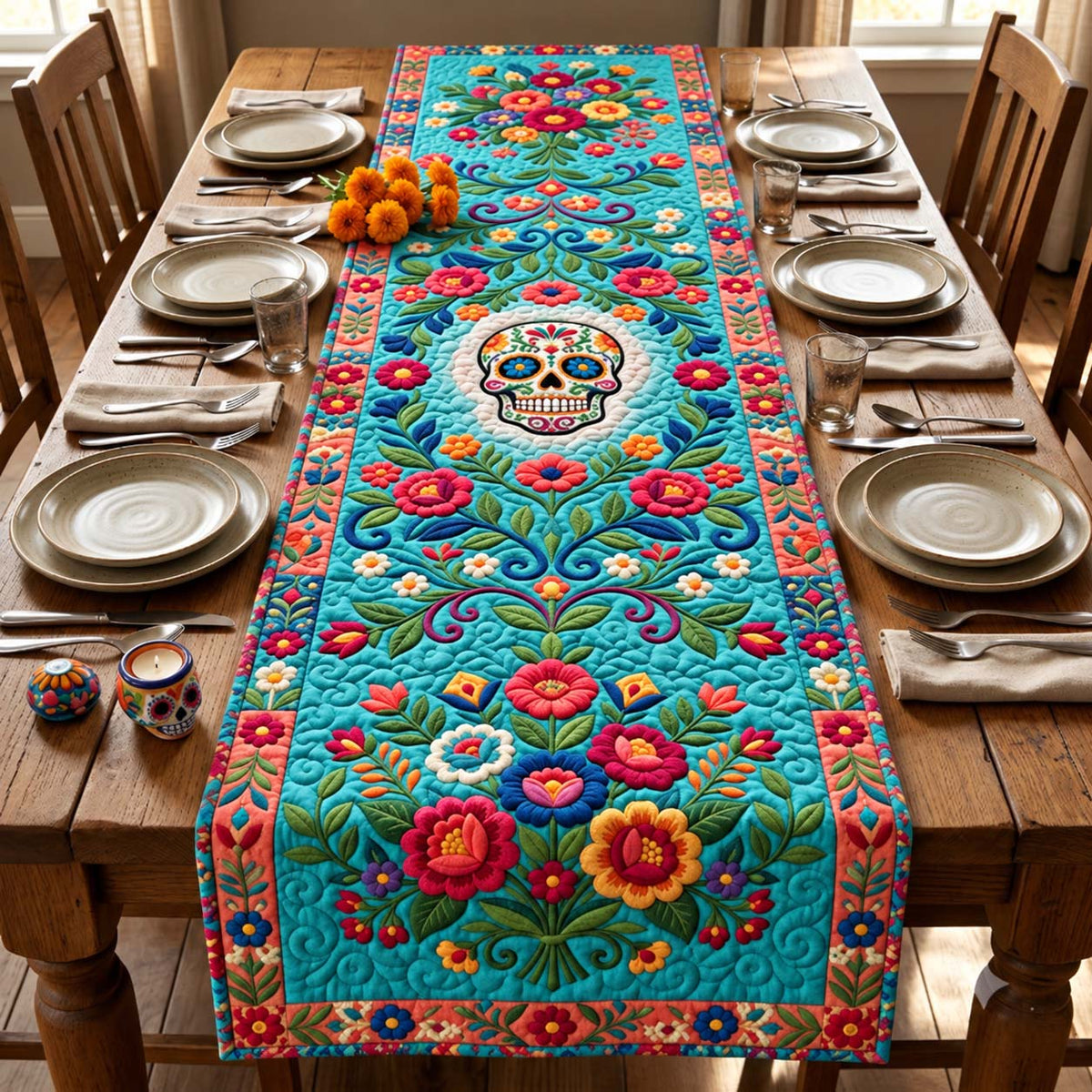Turquoise Floral Skull Quilted Table Runner GFTONTD3076
