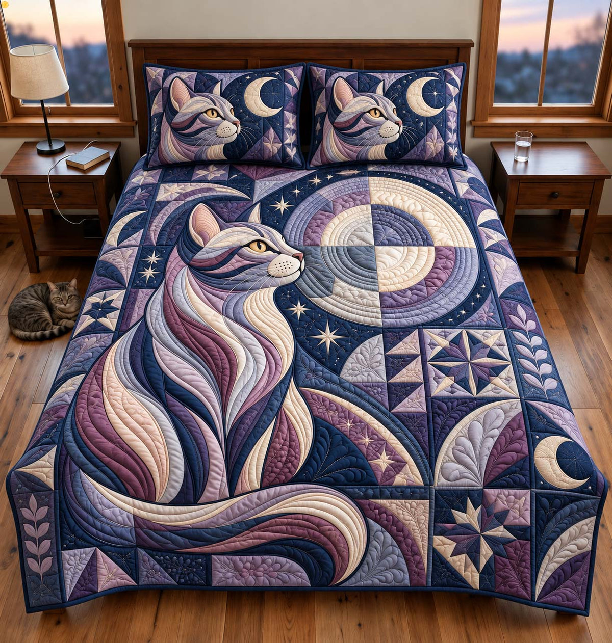 Moonlit Cat 3-Piece Quilted Bedding Set GFTONTD3101