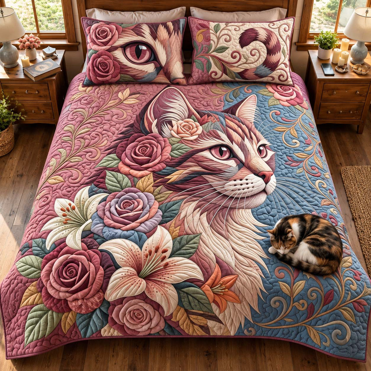Floral Cat 3-Piece Quilted Bedding Set GFTONTD3103