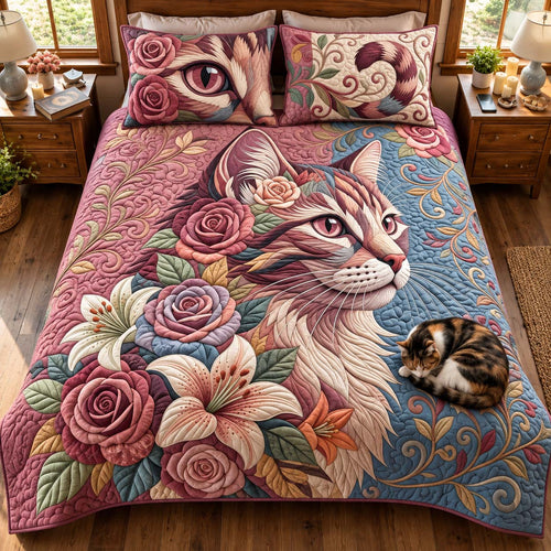 Floral Cat 3-Piece Quilted Bedding Set GFTONTD3103