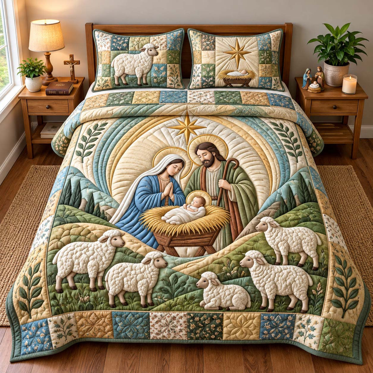 Nativity Of Shepherd 3-Piece Quilted Bedding Set GFTONTD3114