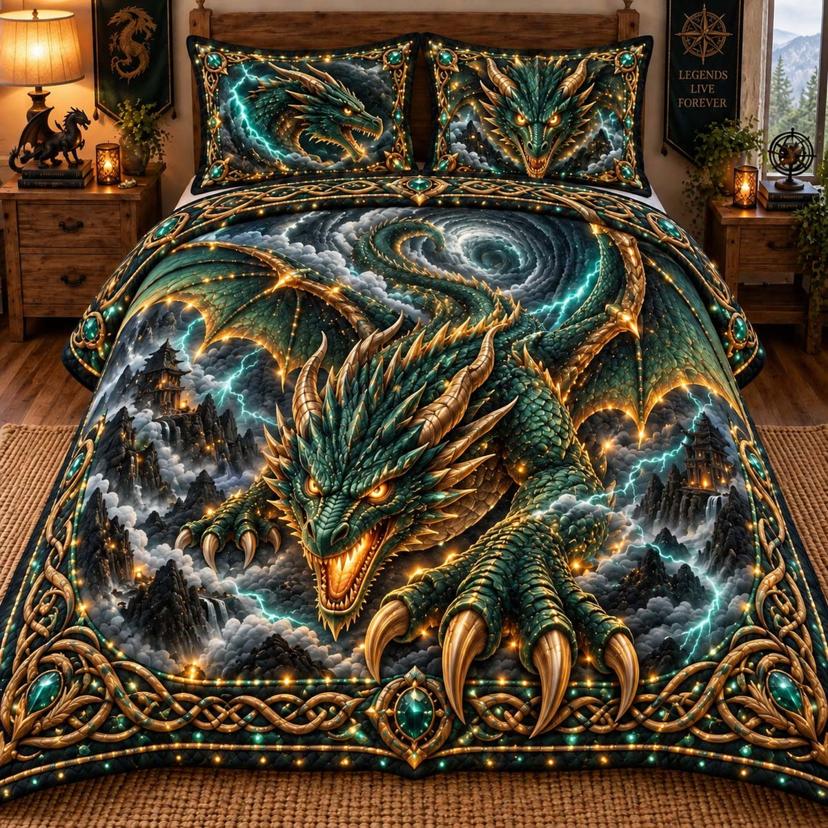 Emerald Storm Dragon 3-Piece Quilted Bedding Set GFTONTD3132