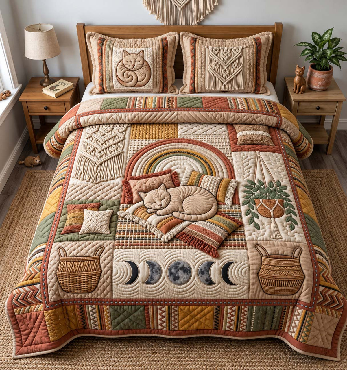 Boho Cat 3-Piece Quilted Bedding Set GFTONTD3139