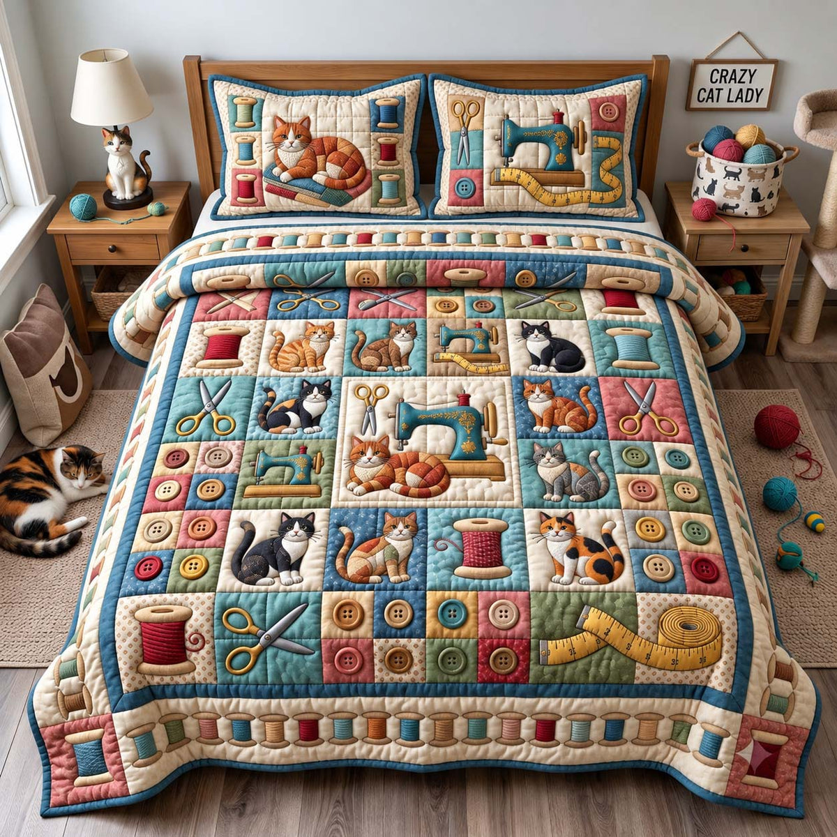 Sewing Cat 3-Piece Quilted Bedding Set GFTONTD3141