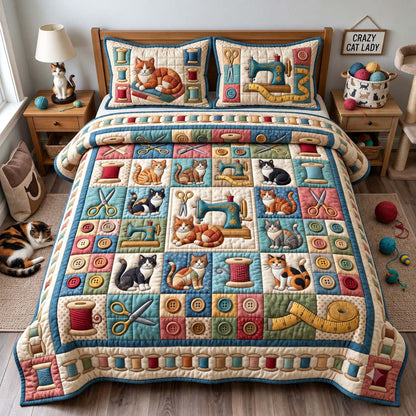 Sewing Cat 3-Piece Quilted Bedding Set GFTONTD3141