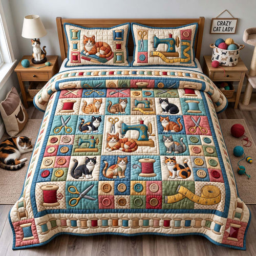 Sewing Cat 3-Piece Quilted Bedding Set GFTONTD3141