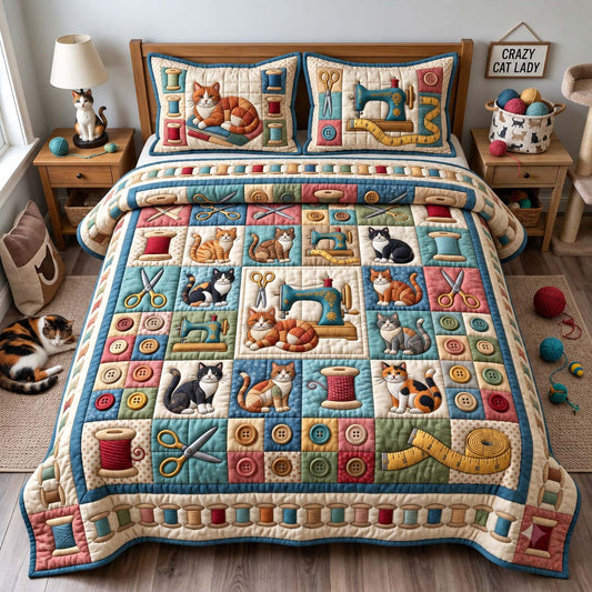 Sewing Cat 3-Piece Quilted Bedding Set GFTONTD3141