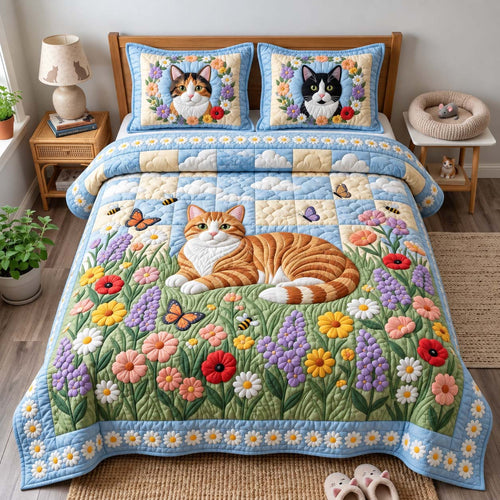 Wildflower Cat 3-Piece Quilted Bedding Set GFTONTD3142