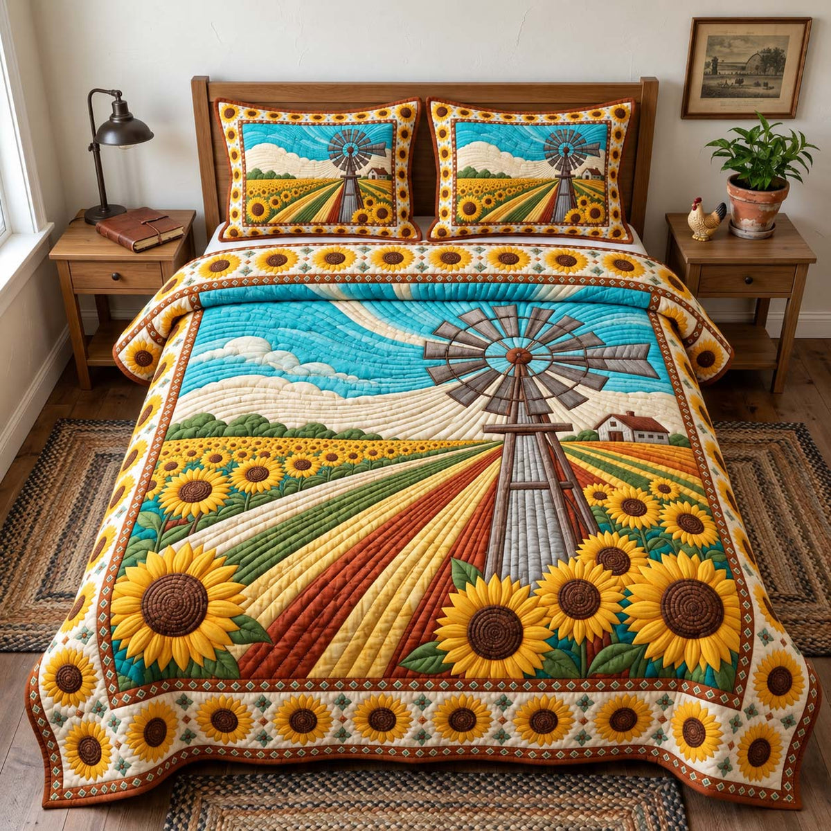Sunflower Windmill 3-Piece Quilted Bedding Set GFTONTD3144
