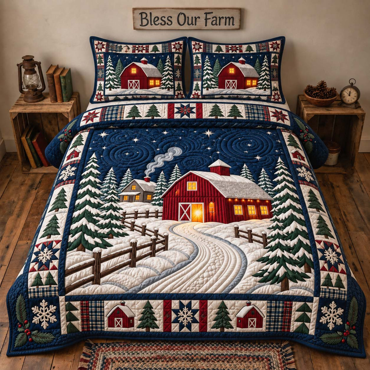 Winter Red Barn 3-Piece Quilted Bedding Set GFTONTD3149