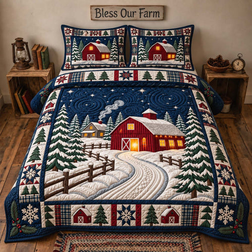 Winter Red Barn 3-Piece Quilted Bedding Set GFTONTD3149