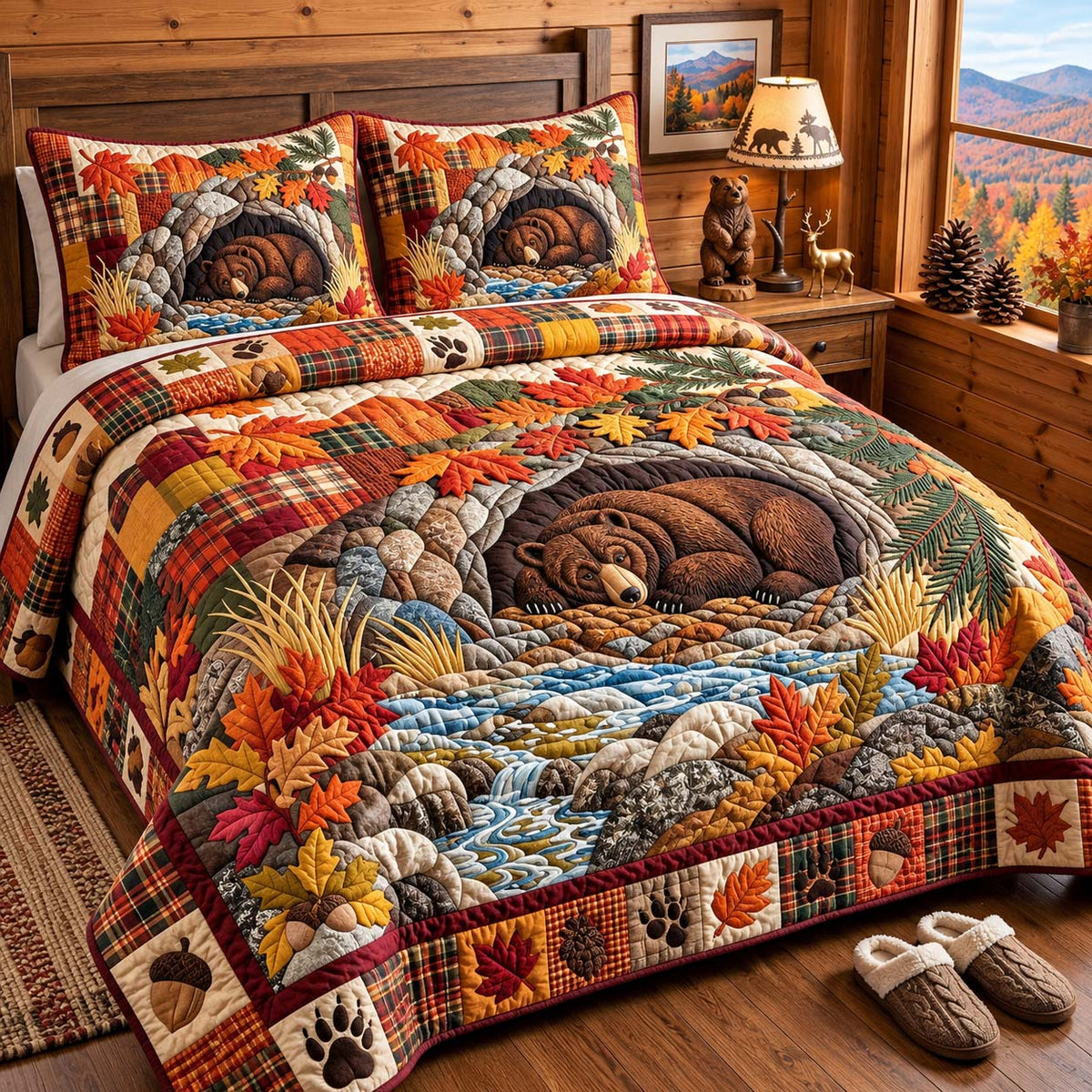 Autumn Bear Cave 3-Piece Quilted Bedding Set GFTONTD3152