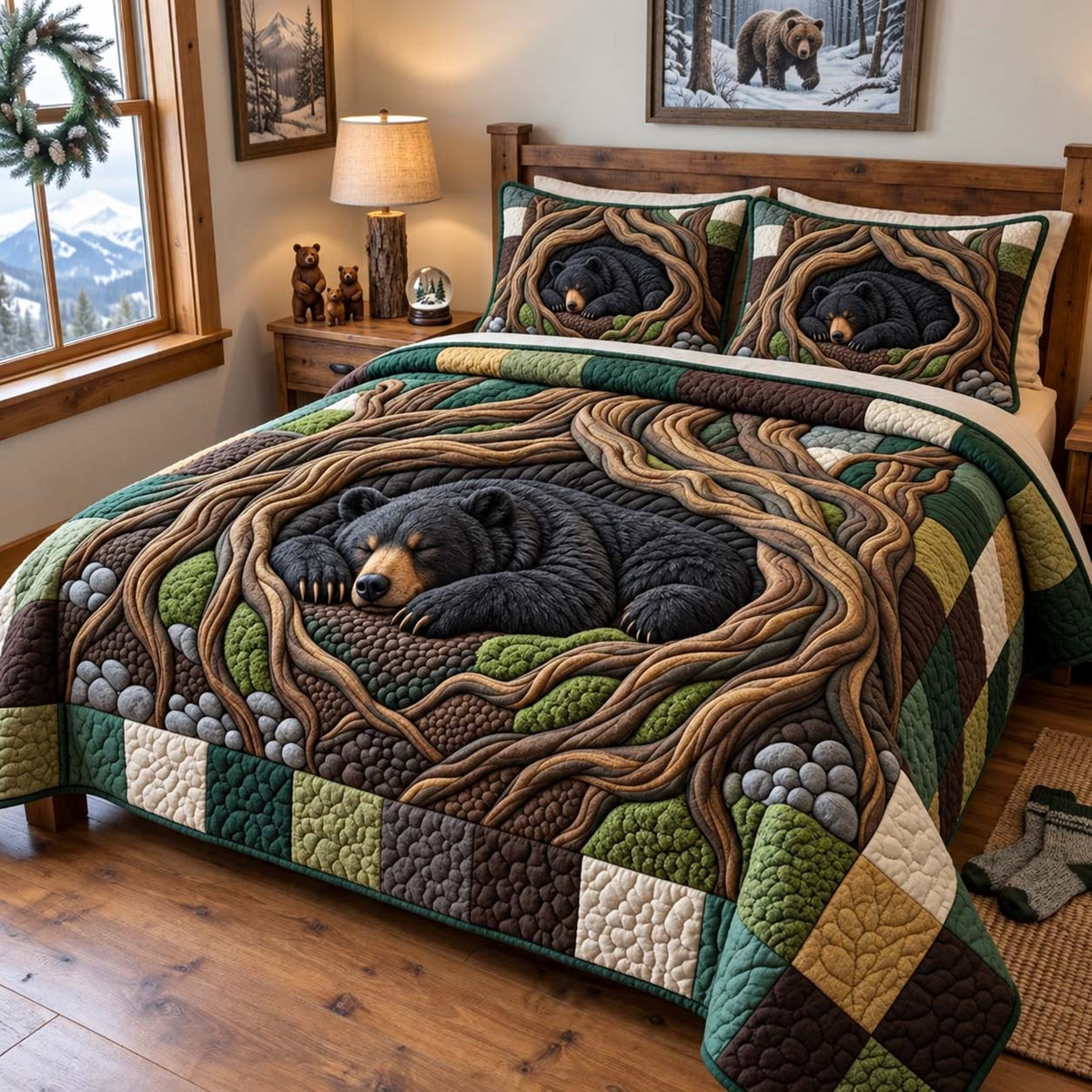 Forest Roots Bear 3-Piece Quilted Bedding Set GFTONTD3153