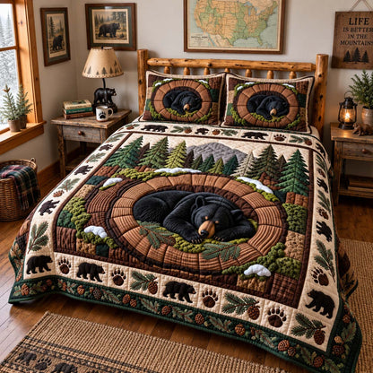 Black Bear Nest 3-Piece Quilted Bedding Set GFTONTD3155