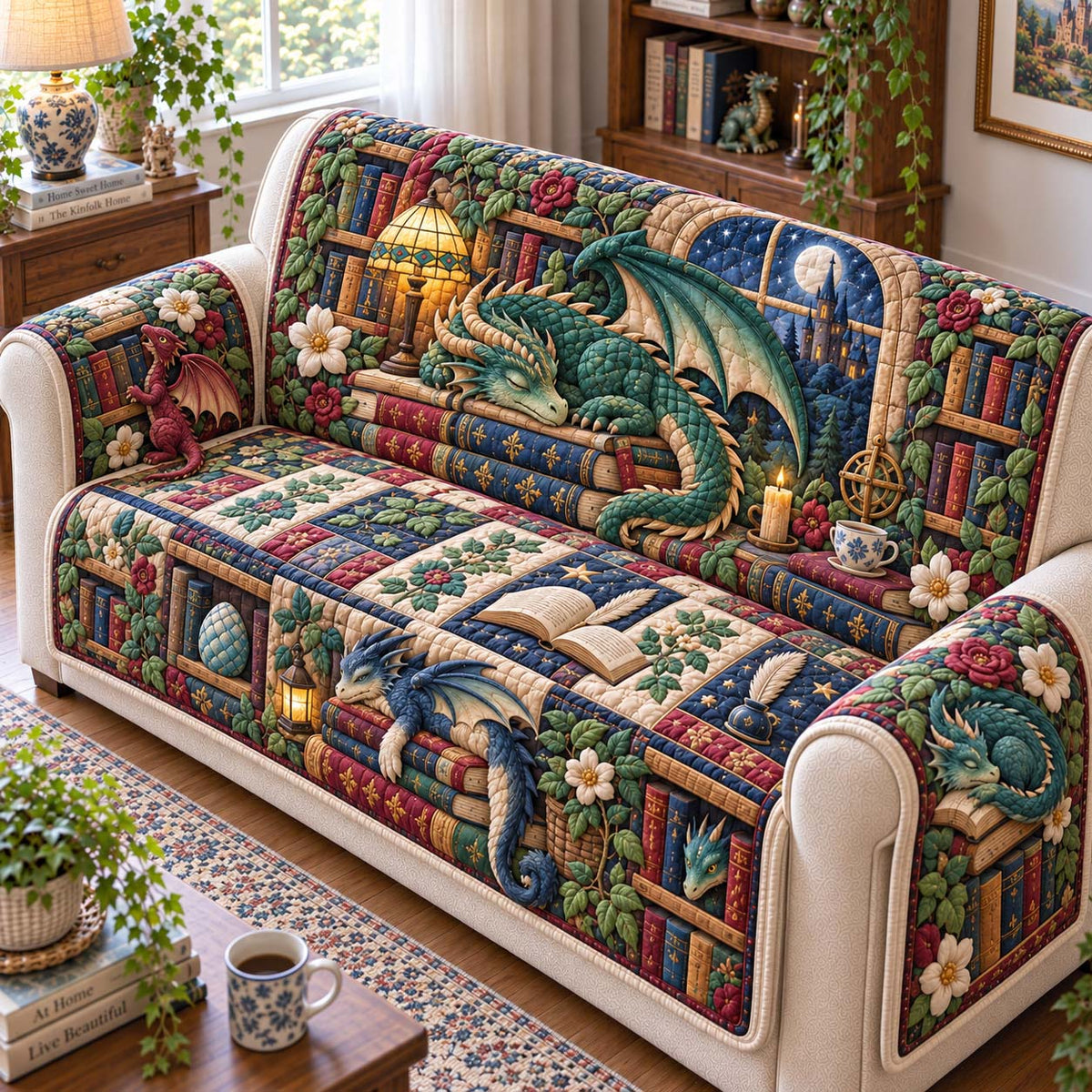 Enchanted Dragon Library Quilted Sofa Cover GFTONTD3177