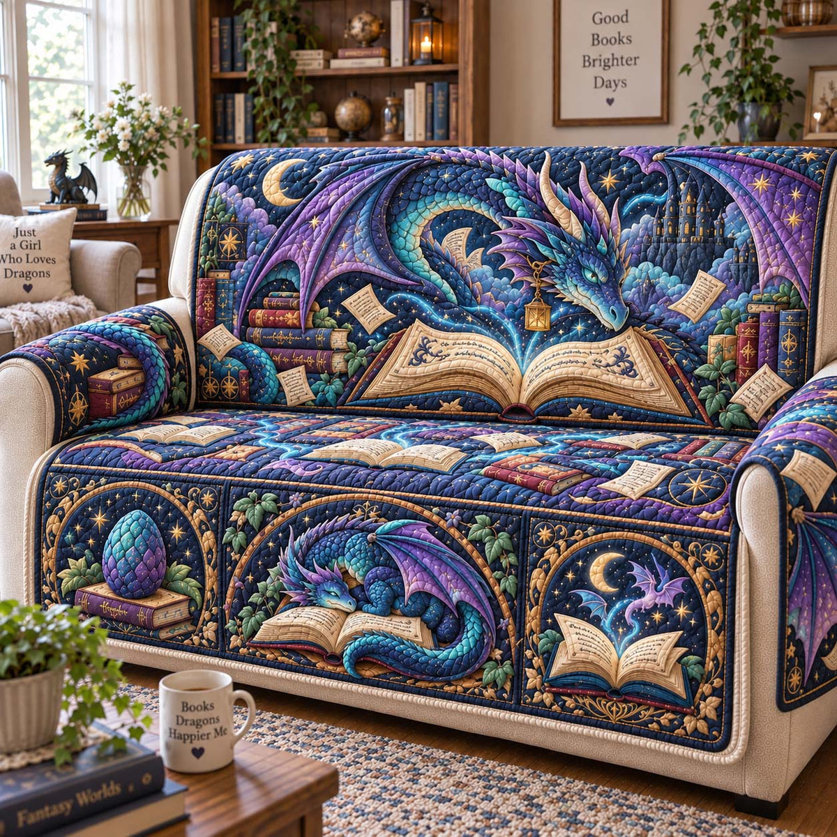 Mystic Dragon Book Lover Quilted Sofa Cover GFTONTD3179