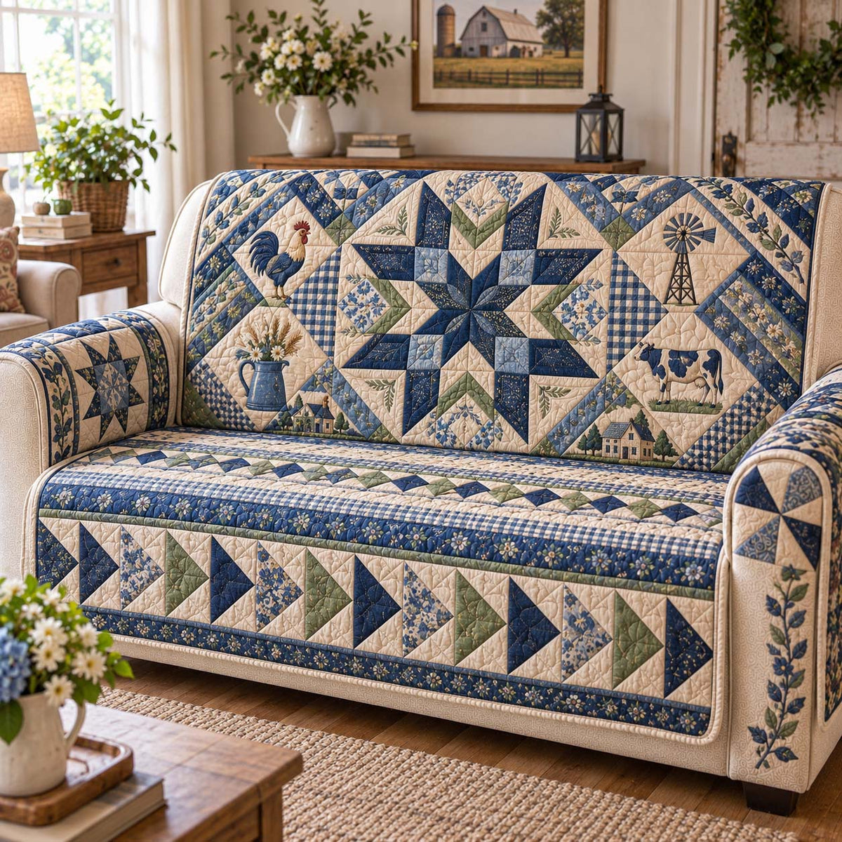 Blue Farmhouse Quilted Sofa Cover GFTONTD3183