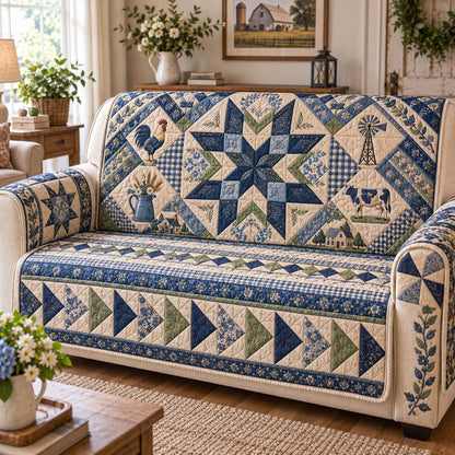 Blue Farmhouse Quilted Sofa Cover GFTONTD3183