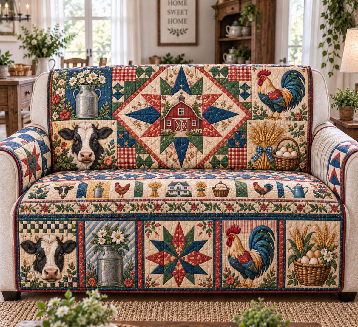 Country Barn And Rooster Quilted Sofa Cover GFTONTD3185