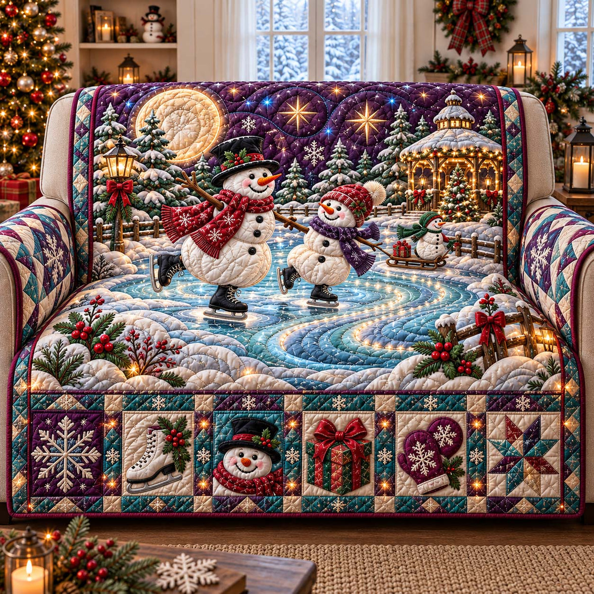 Snowman Ice Skating Quilted Sofa Cover GFTONTD3192