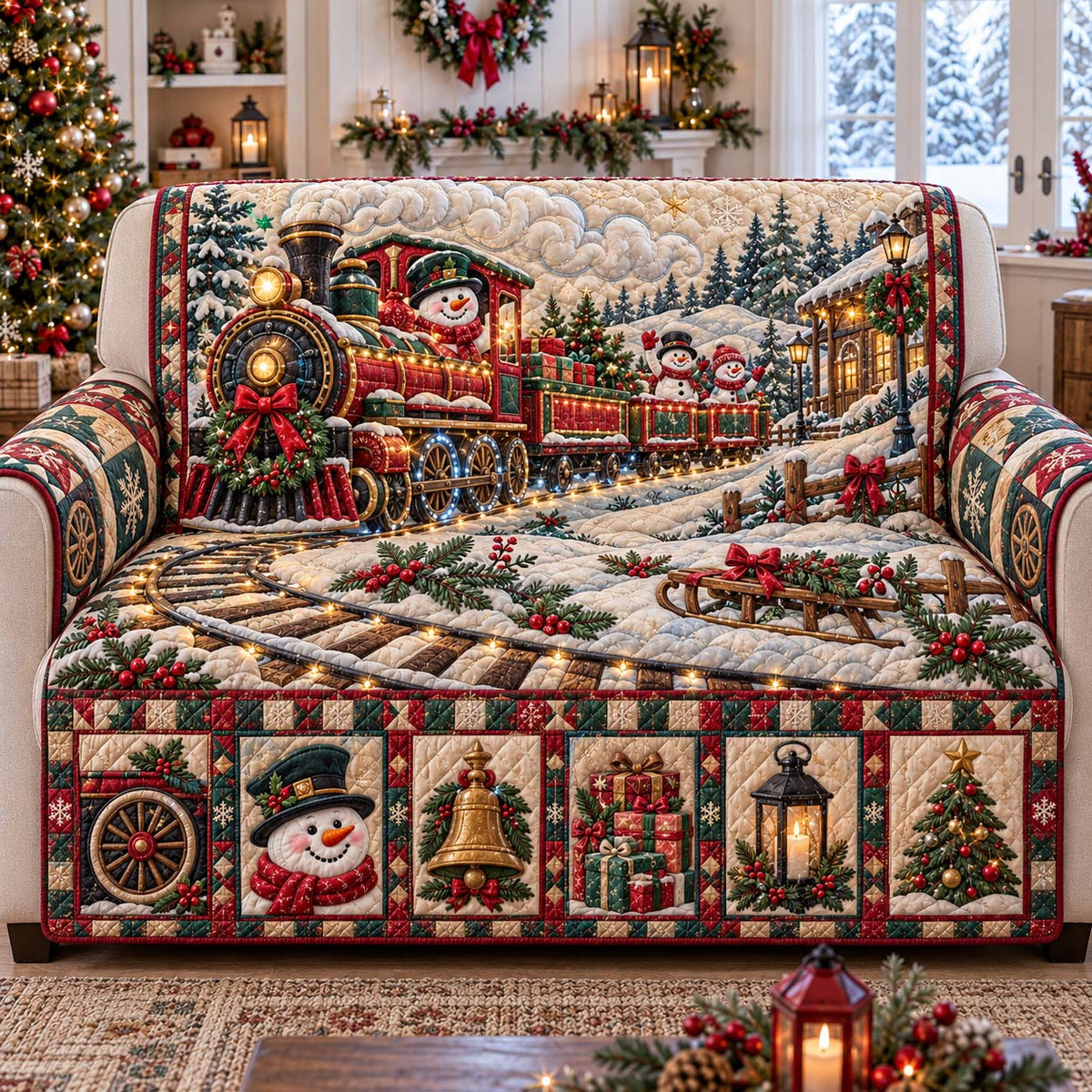 Christmas Snowman Train Quilted Sofa Cover GFTONTD3193