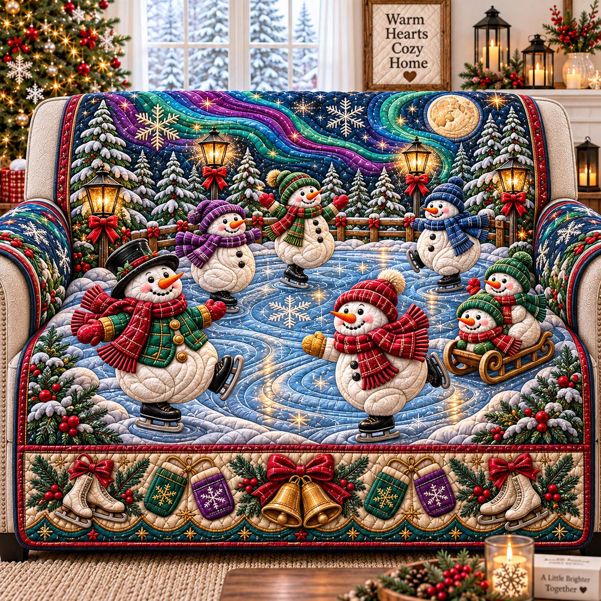 Snowman Aurora Ice Skating Quilted Sofa Cover GFTONTD3194